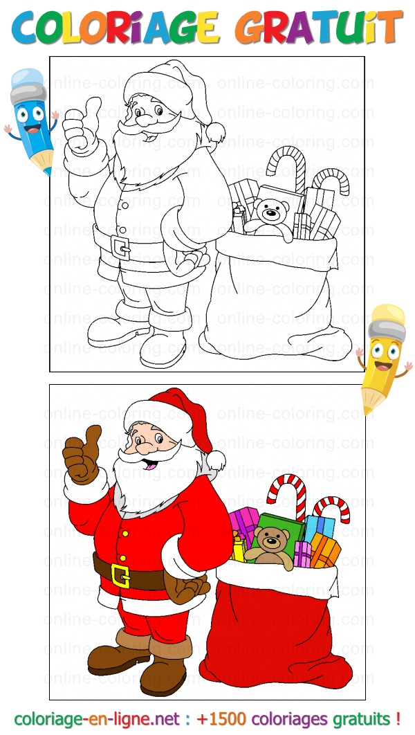 Dessin gratuit à imprimer Coloriage Père Noël et la hotte de jouets
